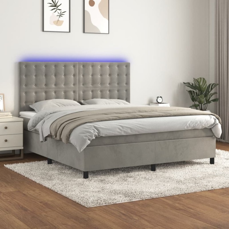 vidaXL Cama box spring colchón y LED terciopelo gris claro 180x200 cm vidaXL Cama box spring colchón y LED terciopelo gris claro 180x200 cm