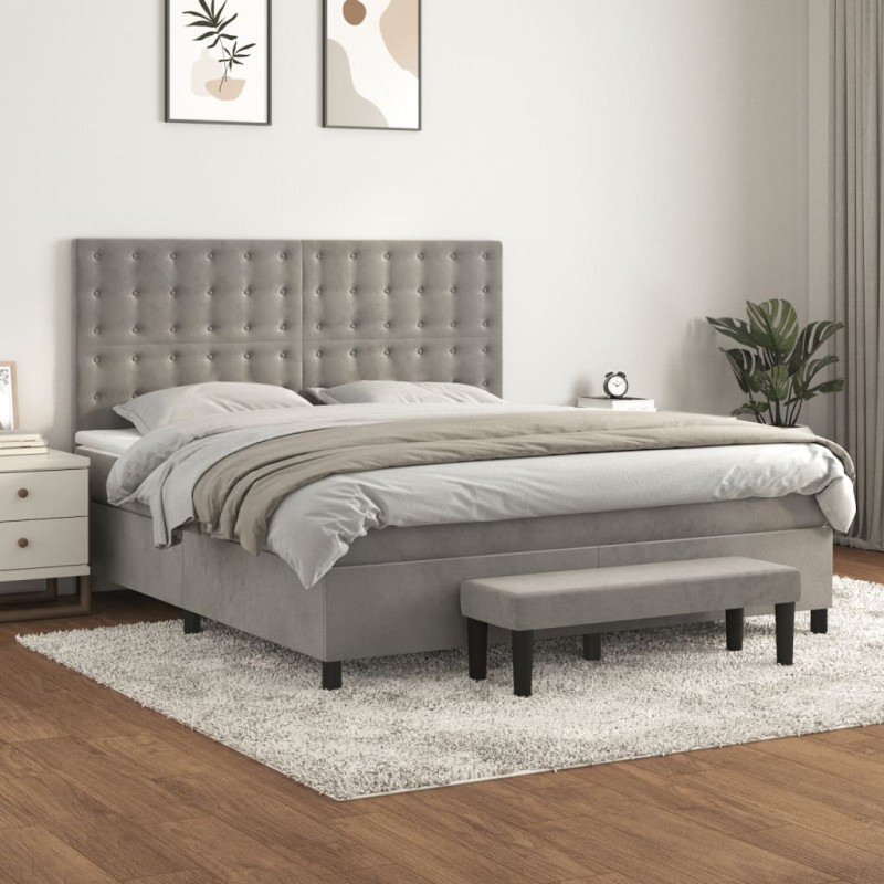 vidaXL Cama box spring con colchón terciopelo gris claro 180x200 cm vidaXL Cama box spring con colchón terciopelo gris claro 180x200 cm