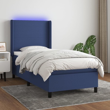 vidaXL Cama box spring colchón y luces LED tela azul 90x200 cm