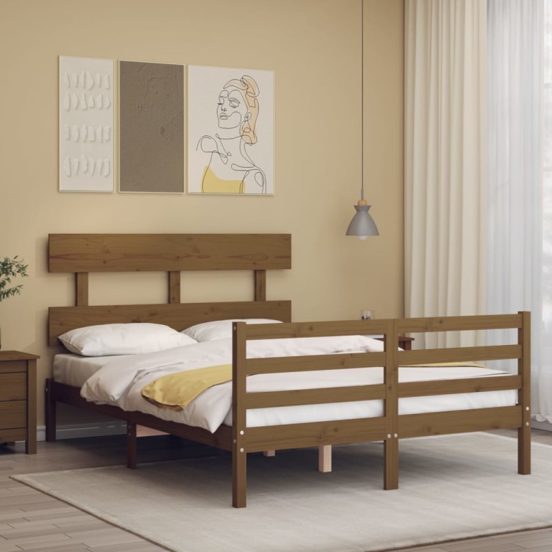 vidaXL Estructura de cama matrimonio con cabecero madera marrón miel vidaXL Estructura de cama matrimonio con cabecero madera marrón miel