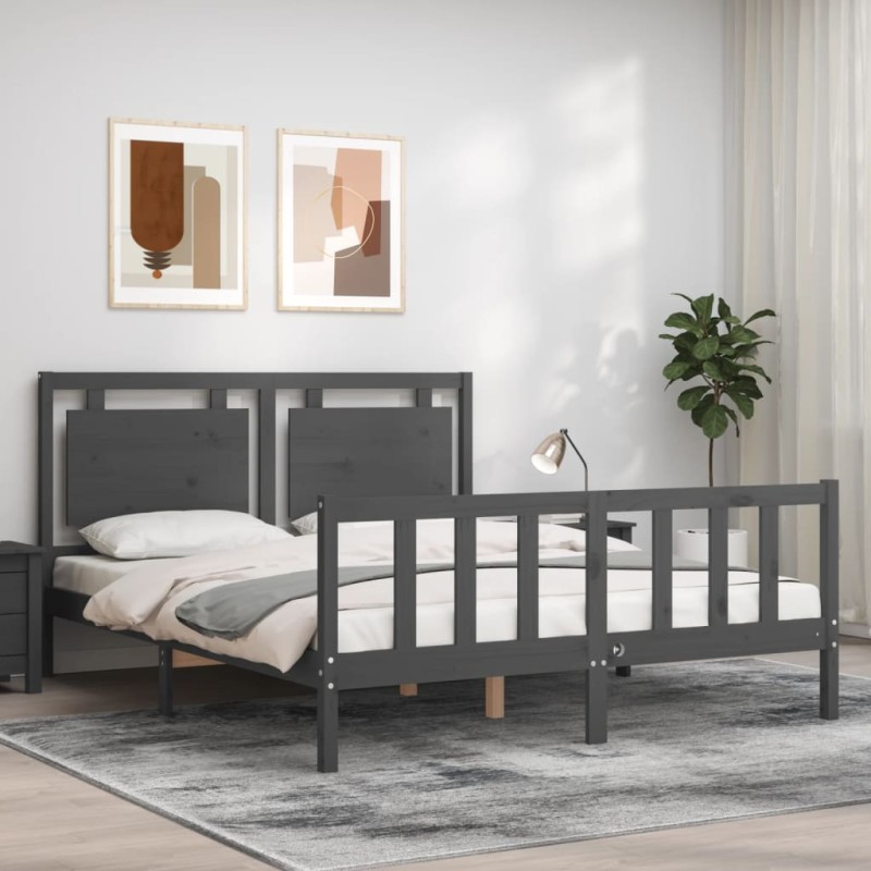 vidaXL Estructura de cama matrimonio con cabecero madera maciza gris vidaXL Estructura de cama matrimonio con cabecero madera maciza gris