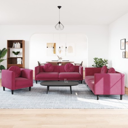 vidaXL Juego de sofás con cojines 3 piezas terciopelo rojo tinto