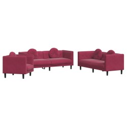 vidaXL Juego de sofás con cojines 3 piezas terciopelo rojo tinto