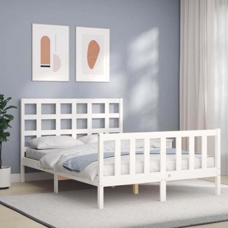 vidaXL Estructura de cama con cabecero madera maciza blanco 120x200 cm vidaXL Estructura de cama con cabecero madera maciza blanco 120x200 cm