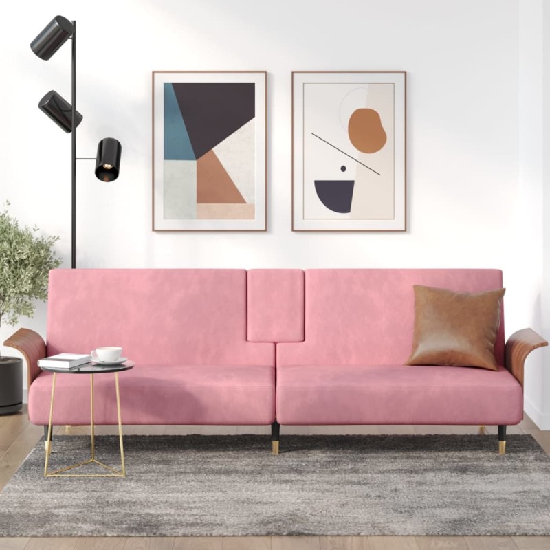 vidaXL Sofá cama con portavasos terciopelo rosa vidaXL Sofá cama con portavasos terciopelo rosa