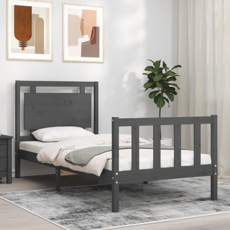 vidaXL Estructura de cama con cabecero madera maciza gris 90x190 cm vidaXL Estructura de cama con cabecero madera maciza gris 90x190 cm