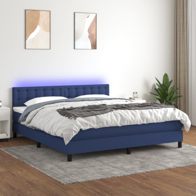 vidaXL Cama box spring colchón y luces LED tela azul 180x200 cm
