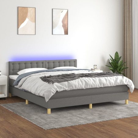 vidaXL Cama box spring con colchón y LED tela gris oscuro 180x200 cm