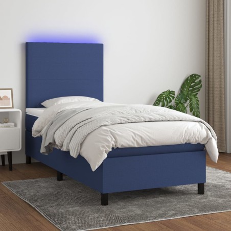 vidaXL Cama box spring colchón y luces LED tela azul 90x190 cm