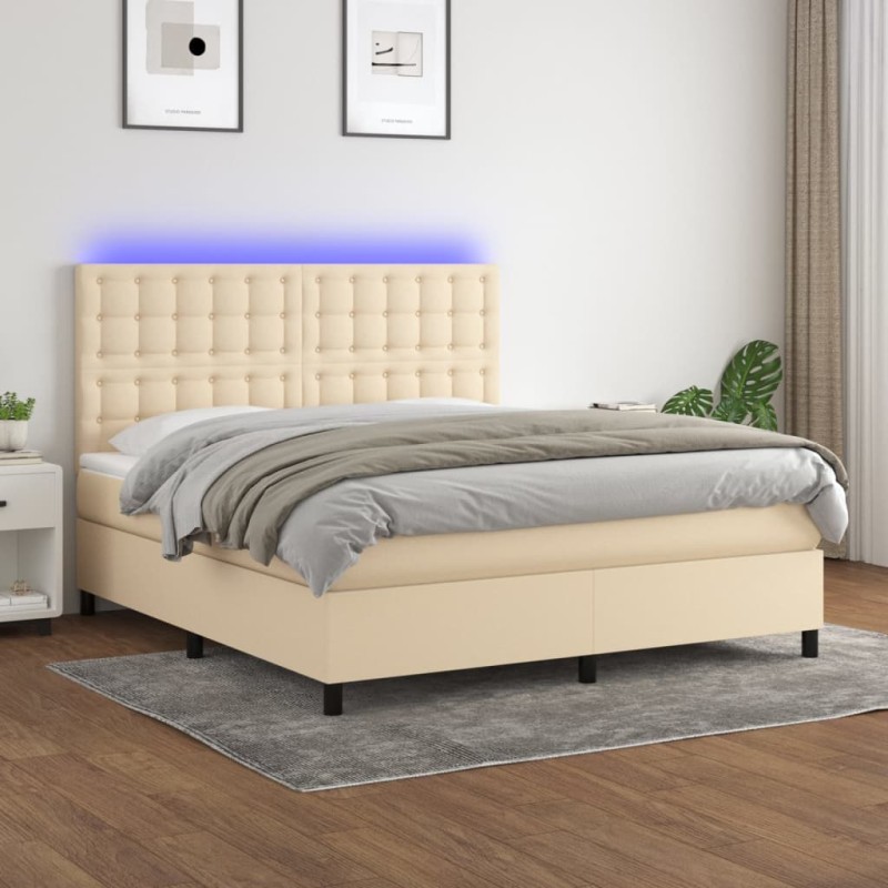 vidaXL Cama box spring colchón y luces LED tela crema 180x200 cm vidaXL Cama box spring colchón y luces LED tela crema 180x200 cm