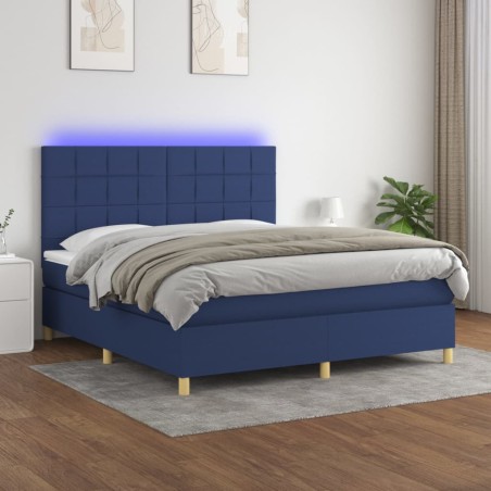 vidaXL Cama box spring colchón y luces LED tela azul 180x200 cm