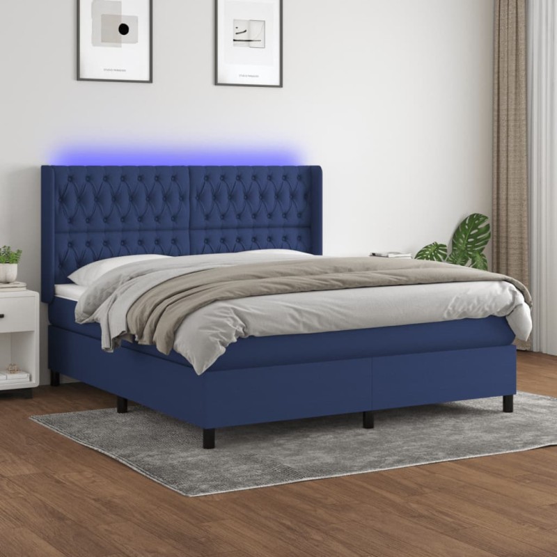 vidaXL Cama box spring colchón y luces LED tela azul 180x200 cm vidaXL Cama box spring colchón y luces LED tela azul 180x200 cm