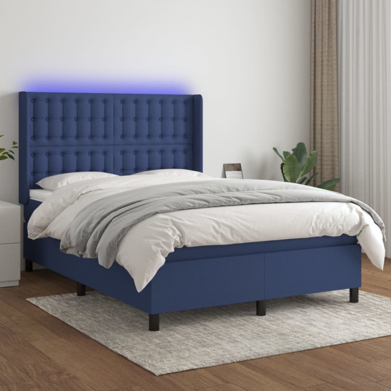 vidaXL Cama box spring colchón y luces LED tela azul 140x200 cm vidaXL Cama box spring colchón y luces LED tela azul 140x200 cm