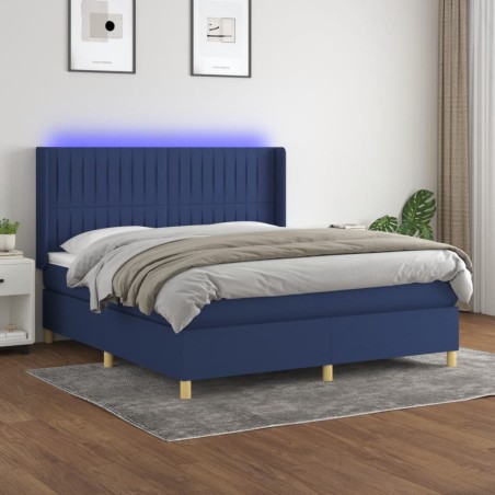vidaXL Cama box spring colchón y luces LED tela azul 180x200 cm