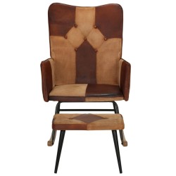 vidaXL Mecedora con taburete cuero auténtico y lona marrón