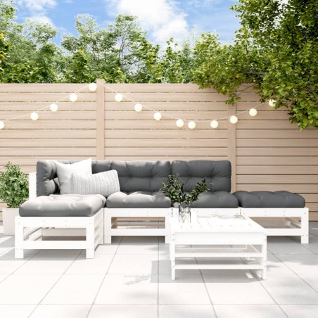 vidaXL Juego de muebles jardín 6 piezas y cojines madera maciza blanco