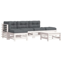 vidaXL Juego de muebles jardín 6 piezas y cojines madera maciza blanco