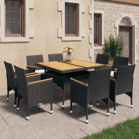 vidaXL Juego comedor jardín 9 pzas madera maciza ratán sintético negro