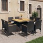 vidaXL Juego comedor jardín 9 pzas madera maciza ratán sintético negro