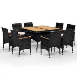 vidaXL Juego comedor jardín 9 pzas madera maciza ratán sintético negro