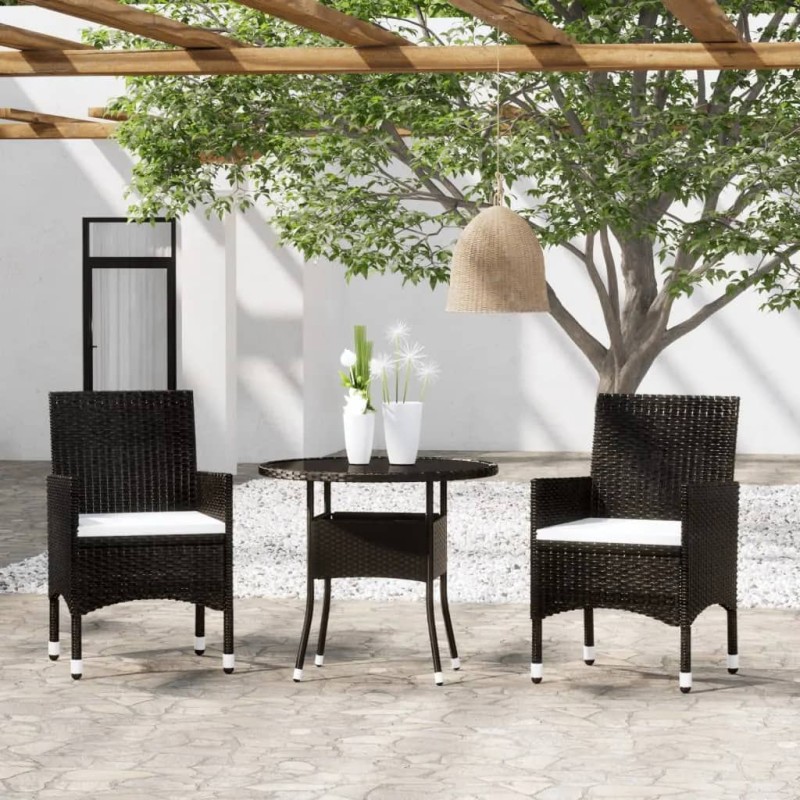 vidaXL Set de bistró de jardín 3 pzas ratán PE vidrio templado negro vidaXL Set de bistró de jardín 3 pzas ratán PE vidrio templado negro