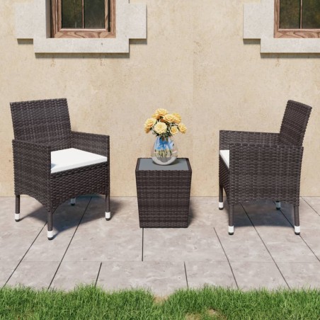 vidaXL Set de bistró de jardín 3 pzas ratán PE vidrio templado marrón
