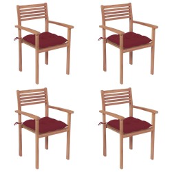 vidaXL Sillas de jardín con cojines 4 uds madera de teca rojo tinto