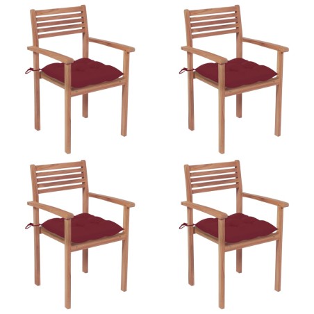vidaXL Sillas de jardín con cojines 4 uds madera de teca rojo tinto