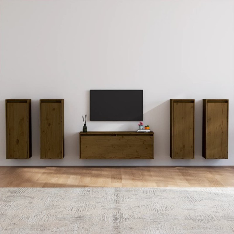 vidaXL Muebles para TV 5 piezas madera maciza de pino marrón miel vidaXL Muebles para TV 5 piezas madera maciza de pino marrón miel