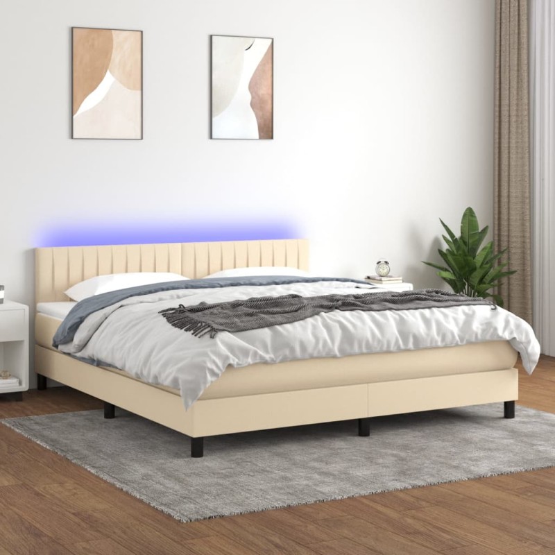 vidaXL Cama box spring colchón y luces LED tela crema 160x200 cm vidaXL Cama box spring colchón y luces LED tela crema 160x200 cm