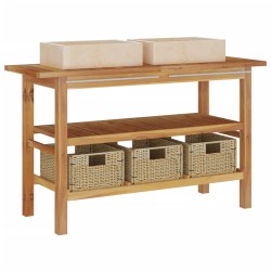 vidaXL Tocador de baño madera maciza de teca con lavabos mármol crema