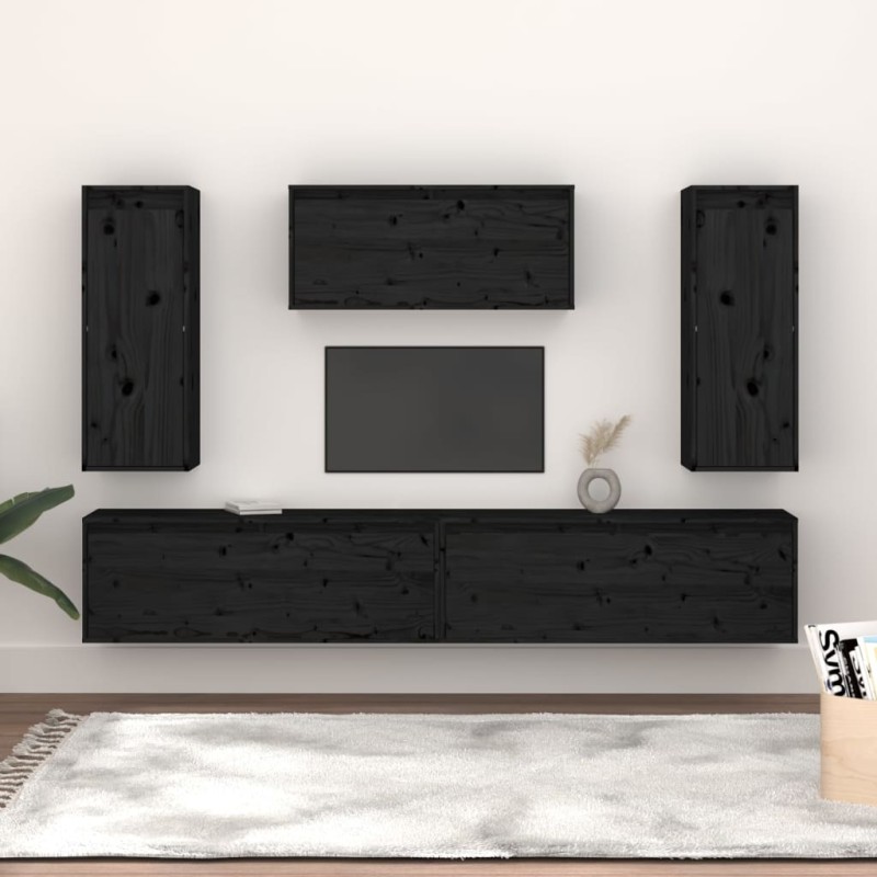 vidaXL Muebles para TV 5 piezas madera maciza de pino negro