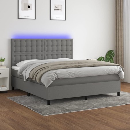 vidaXL Cama box spring colchón y luces LED tela gris oscuro 180x200 cm