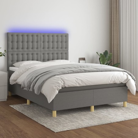 vidaXL Cama box spring colchón y luces LED tela gris oscuro 140x200 cm