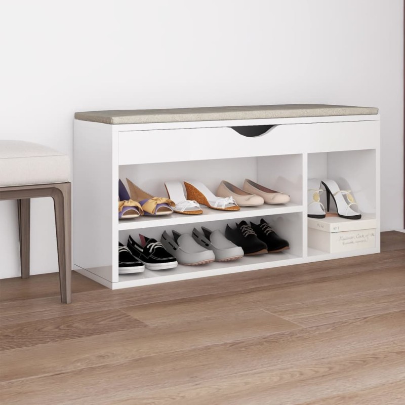 vidaXL Banco zapatero con cojín madera ingeniería blanco brillo vidaXL Banco zapatero con cojín madera ingeniería blanco brillo