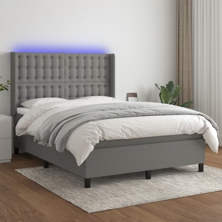 vidaXL Cama box spring colchón y luces LED tela gris oscuro 140x200 cm