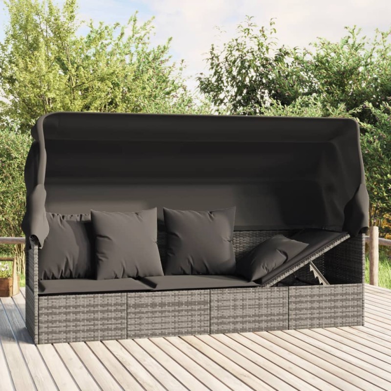 vidaXL Sofá tumbona de jardín con toldo cojines ratán sintético gris vidaXL Sofá tumbona de jardín con toldo cojines ratán sintético gris