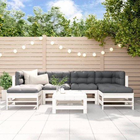 vidaXL Juego de muebles jardín 7 piezas y cojines madera maciza blanco