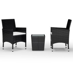 vidaXL Set de bistró de jardín 3 pzas ratán PE vidrio templado negro