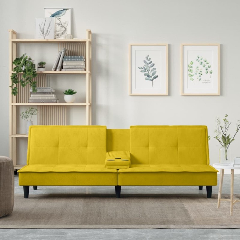 vidaXL Sofá cama con portavasos terciopelo amarillo vidaXL Sofá cama con portavasos terciopelo amarillo