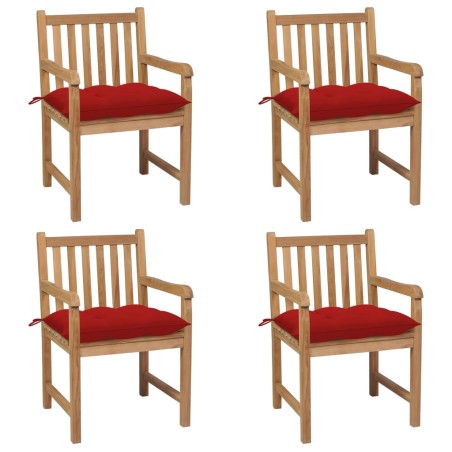 vidaXL Sillas de jardín 4 uds madera maciza de teca con cojines rojos