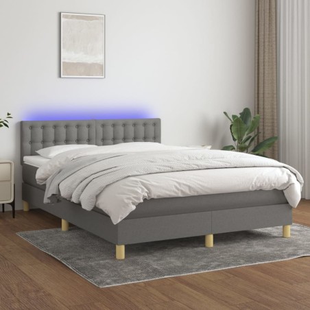 vidaXL Cama box spring colchón y luces LED tela gris oscuro 140x200 cm