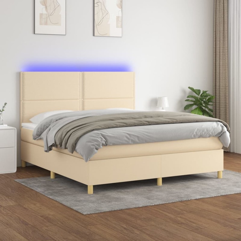 vidaXL Cama box spring colchón y luces LED tela crema 180x200 cm vidaXL Cama box spring colchón y luces LED tela crema 180x200 cm