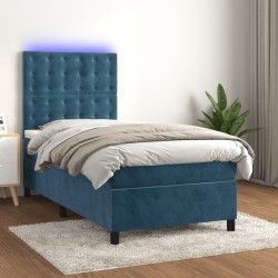 vidaXL Cama box spring colchón y LED terciopelo azul oscuro 100x200 cm