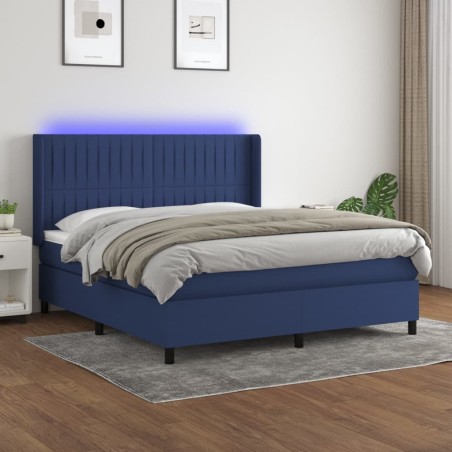 vidaXL Cama box spring colchón y luces LED tela azul 180x200 cm