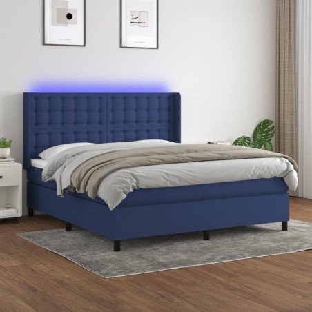 vidaXL Cama box spring colchón y luces LED tela azul 160x200 cm
