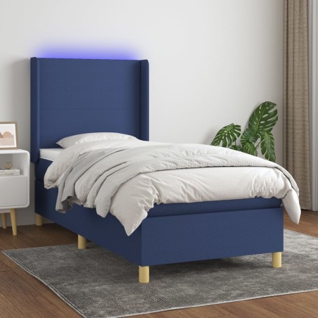 vidaXL Cama box spring colchón y luces LED tela azul 90x200 cm