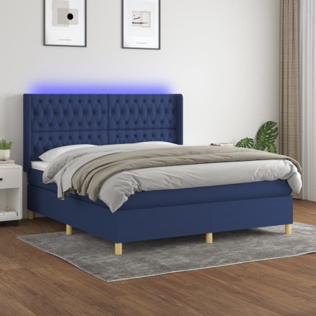 vidaXL Cama box spring colchón y luces LED tela azul 180x200 cm