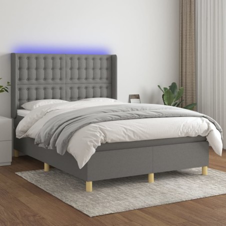 vidaXL Cama box spring colchón y luces LED tela gris oscuro 140x200 cm