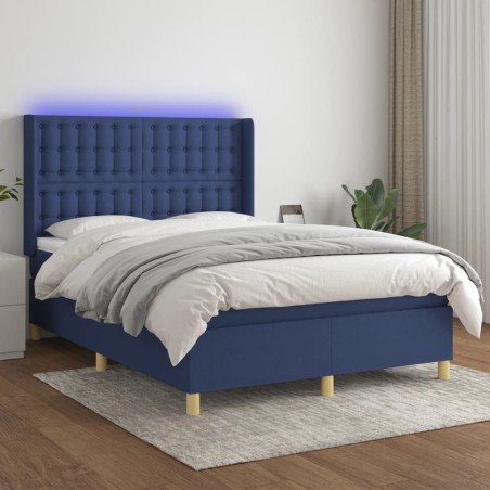 vidaXL Cama box spring colchón y luces LED tela azul 140x200 cm